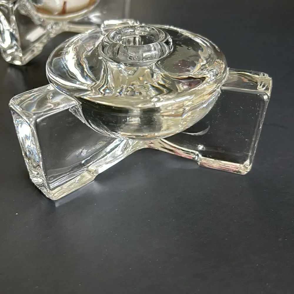 Vintage Heavy Clear Glass 3 Footed Round Candle Holders Set of 2 Art Deco Style